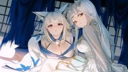 2girls animal_ears cleavage clothed clothing fox_ears fox_girl head_wings indie_virtual_youtuber indoors light-skinned_female light_skin looking_at_viewer mia_sova on_bed owl_girl pyo_st sakae_izumi virtual_youtuber white_hair yellow_eyes