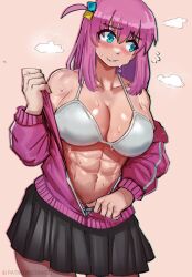 abs alternate_muscle_size bare_shoulders black_skirt blue_eyes blush bocchi_the_rock! breasts cleavage collarbone cowboy_shot cube_hair_ornament ezzyecchi female flying_sweatdrops gotou_hitori hair_between_eyes hair_ornament hand_up highres jacket large_breasts long_hair long_sleeves muscular muscular_female one_side_up pantyhose patreon_username pink_hair pink_jacket pleated_skirt shiny_skin sideways_glance skirt solo sweat track_jacket unzipping watermark