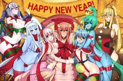 7girls arachne centaur centorea_shianus christmas dullahan harpy lala_(monster_musume) lamia lindaroze lingerie mermaid meroune_lorelei miia_(monster_musume) monster_musume_no_iru_nichijou multiple_girls new_year papi_(monster_musume) rachnera_arachnera slime suu_(monster_musume)