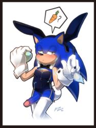 accessory anthro balls blue_body blue_fur blueseamoon blush bodily_fluids clothing cosplay costume easter eulipotyphlan fur genital_fluids genitals green_eyes handwear headband hedgehog hi_res holidays legwear male mammal penis playboy_bunny precum sega simple_background solo solo_focus sonic_(series) sonic_the_hedgehog sonic_the_hedgehog_(series) speech_bubble thigh_highs