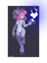 absa absurd_res anthro areola bovid breasts caprine chest_tuft crombie electricity female fur genitals goat hair hi_res hooves horn looking_at_viewer mammal nipples nude pink_hair purple_body pussy rivals_of_aether sheep solo tuft