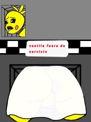 anal butt_crack buttplug buttplug_under_clothes covering_ass cum_plugged eronsfw five_nights_at_freddy's spanish_text stuck_in_vent toy_chica_(fnaf)