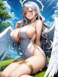 1girls ai_generated angel angel_wings curvaceous curvy_body curvy_figure dress halo mature_female older_female silver_hair solo solo_female stable_diffusion voluptuous voluptuous_female yellow_earrings