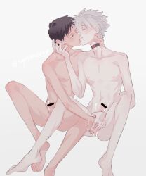 2boys barefoot black_hair closed_eyes erection grey_hair jo_(artist) kaworu_nagisa kissing multiple_boys neon_genesis_evangelion nipples nude penis_size_difference petite shinji_ikari simple_background straight_hair testicles white_background yaoi