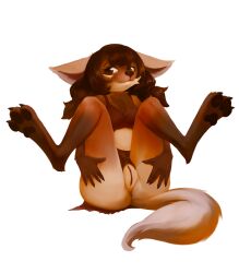 absurd_res anthro anus brown_eyes brown_hair canid canine canis clothed clothing female fur genitals hair hi_res mammal millesty multicolored_body multicolored_fur partially_clothed pawpads paws ponytail pussy solo spread_legs spreading tail tuft wolf worgen_with_tail