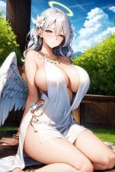 1girls ai_generated angel angel_wings curvy curvy_body curvy_figure dress female_focus female_only high_resolution long_hair mature_female older_female original_character seductive_looks solo stable_diffusion white_hair