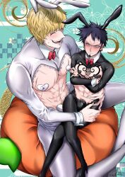 2boys abs angry annoyed big_pecs black_hair black_hair_bottom black_legwear blonde_hair blonde_hair_on_black_hair blonde_hair_top blush bowtie bulge bunny_boy bunny_ears bunnysuit chest_tattoo crossed_legs domination donquixote_rosinante embarrassed facial_hair gay goatee happy heart_pasties height_difference lace_trim light_hair_on_dark_hair long_sideburns male male_only male_playboy_bunny male_pubic_hair muscular muscular_male nipple_bulge one_piece open_mouth pasties pecs pubic_hair_peek reverse_bunnysuit scars shiofuu shrug_(clothing) sideburns sitting sitting_on_lap sitting_on_person smile sweatdrop tattoo tattoos trafalgar_law yaoi year_of_the_rabbit