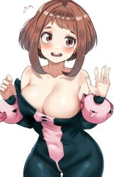 1girls absurd_res absurdres areola areola_slip areolae areolae_slip bare_shoulders big_breasts blush blush_lines bodysuit breast_focus breasts breasts_focus brown_eyes brown_hair busty cleavage cowboy_shot cute dressing female female_focus female_only hero_outfit_(mha) hi_res high_resolution highres large_breasts light-skinned_female light_skin medium_hair my_hero_academia ochako_uraraka open_mouth shounen_jump sidelocks simple_background smile smiling solo solo_female solo_focus swept_bangs thigh_gap uraraka_ochako white_background zd_(pixiv6210083) zx623723