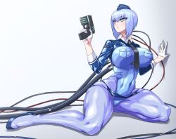 1girls 2020s 2023 2d 2d_(artwork) big_breasts big_thighs black_tie blue_bodysuit blue_eyes blue_hair blue_shoes blue_stockings bodysuit breast_pocket breasts busty clothed clothed_female cyborg cyborg_girl female female_focus female_only fully_clothed gloves gun hi_res highres hips hourglass_figure large_breasts large_thighs leotard light-skinned_female light_skin mimitan_tokage original original_character pistol pockets police police_hat police_officer police_uniform policewoman short_hair sitting solo solo_female solo_focus thick_thighs thighs tie voluptuous white_background white_gloves wide_hips wire wires