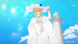 1girls 3d artoria_pendragon artoria_pendragon_(swimsuit_ruler) artoria_pendragon_(swimsuit_ruler)_(second_ascension)_(fate) blonde_hair clothed clothing clouds fate/grand_order fate_(series) female female_only green_eyes hat koikatsu light-skinned_female light_skin lighthouse outside rail2_(pixivrail2) sky solo