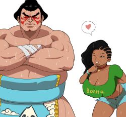 1boy 1girls asian big_breasts black_hair brazilian brazilian_female capcom cleavage edmond_honda eyebrows female large_breasts latina laura_matsuda light-skinned_male male pulpawoelbo street_fighter street_fighter_v sumo sumo_wrestler tan_skin