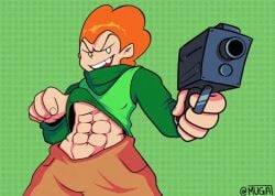 1boy abs animated buff flashing friday_night_funkin ginger gun loop male male_focus male_only muga muscular newgrounds pico's_school pico_(newgrounds) simple_background solo solo_focus solo_male