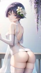 ai_generated ass curvy femboy ganyuishot7 genshin_impact gloves hair_ornament looking_at_viewer looking_back otoko_no_ko otokonoko purple_eyes purple_hair scaramouche_(genshin_impact) stable_diffusion thick_thighs white_dress wisteria_(flower)