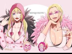 2girls big_breasts blonde_hair chibi chullo cigarette cleavage cloak clown_makeup coif donquixote_doflamingo donquixote_rosinante earrings eda_nashi facepaint female female_only genderswap_(mtf) hat headwear jacket_on_shoulders lipstick long_hair looking_at_viewer makeup one_piece open_mouth pink-tinted_eyewear red_lipstick rule_63 short_hair siblings sisters smile smoking sunglasses tinted_eyewear upper_body