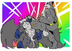 absorption_vore absurd_res anthro big_muscles big_pecs canid canine canis digestion duo flickrtail fur growth hi_res hybrid male male/male mammal multicolored_body multicolored_fur muscle_growth muscular muscular_anthro muscular_male nude pec_vore pecs pectoral_vore stripes trencalos vore wings