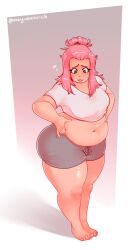 1girls belly_button belly_grab big_ass big_butt chubby chubby_female cozynakovich large_ass large_breasts pink_hair squish thick_thighs tied_hair tight_clothing tight_fit weight_conscious