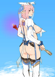 anal_beads breastless_clothes breastless_clothing breasts destiny_(ishida) elf female headdress highres large_breasts looking_back mama_(artist) nippleless_clothes nippleless_clothing nipples original over_shoulder pink_hair pointy_ears red_eyes revealing_clothes short_hair solo staff thighhighs