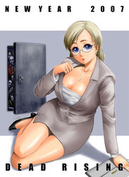 00s 2000s 2007 blonde_hair blouse blue_eyes business_suit business_woman capcom cleavage dead_rising dress_shirt jessica_mccarney office_lady pencil_skirt skirt suit white_blouse white_shirt