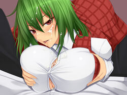 akitsuki_karasu blush breast_hold breasts button_gap clothed_sex cum cum_on_body cum_on_face cum_on_hair cum_on_upper_body facial female green_hair large_breasts licking_lips male naughty_face paizuri paizuri_under_clothes partial_male penis pov red_eyes short_hair straight touhou uncensored youkai yuka_kazami