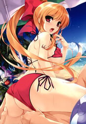 1girls ahoge areola_slip areolae ass ass_grab back ball bare_shoulders beach beach_ball beach_umbrella bikini bikini_aside blonde_hair blush bow breasts cloud copyright_request embarrassed female fingering fingernails frame from_behind hair_ribbon highres long_hair looking_at_viewer looking_back misaki_kurehito nail_polish open_mouth orange_hair outdoors palm_tree ponytail pussy_juice red_eyes ribbon saliva saliva_trail sex shiny shiny_skin side-tie_bikini sitting sitting_on_person sky solo star string_bikini surprised sweat swimsuit swimsuit_aside tied_hair tree uncensored underboob very_long_hair water