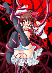 anal black_legwear blush bow breasts brown_eyes brown_hair cum cum_in_ass cum_inside detached_sleeves double_penetration dress dripping female hair_tubes hairbow human kamiya_tomoe open_dress open_mouth panties pussy rape red_dress reimu_hakurei sex solo spread_pussy striped striped_panties tentacle thighhighs touhou underwear upskirt vaginal_penetration