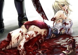 amputation artist_request ashelia_b'nargin_dalmasca ass beige_skin bleeding blonde_hair blood blood_puddle blood_stain bloody_clothes bloody_sword bone breasts broken_bone clothes color covered_breasts dismemberment female final_fantasy final_fantasy_xii foot gore guro hair hume injury messy puddle severed_foot stained_clothes sword weapon wound