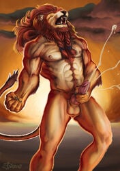 1boy alpha0 anthro balls buff closed_eyes cum cumshot erection feline fur furry lion male male_only masturbation muscles nipples nude orgasm penis solo sunset teeth tongue_out