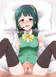 bed black_legwear blush bowtie brown_eyes censored cum cum_in_pussy drooling female green_hair hairband highres human idolmaster kaiga legs looking_at_viewer lying male microphone no_panties open_mouth otonashi_kotori penis pillow pubic_hair pussy saliva sex short_hair smile spread_legs straight tears thighs vaginal_penetration