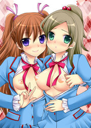 2girls blush breasts clothing green_eyes large_breasts medium_breasts multiple_girls nipples precure pretty_cure purple_eyes sakura_hanatsumi school_uniform small_breasts smile suite_precure v yuri