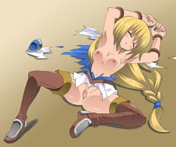 blonde_hair blush breasts closed_eyes clothes female female_only human long_hair milf nipples nude pixiv_thumbnail resized shamanwer solo sophitia_alexandra soul_calibur spread_legs torn_clothes