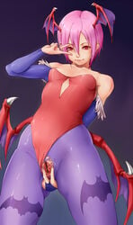 1girls akamaru bare_shoulders bat_wings censored clothing darkstalkers erect_nipples erect_nipples_under_clothes female flat_chest head_wings highres leotard lilith_aensland nail_polish pantyhose purple_hair red_eyes short_hair solo succubus torn_clothes torn_pantyhose v wings