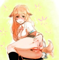 animal_ear ass backpussy bow_(artist) bow_(bhp) brown_eyes brown_hair dog_ear dog_tail face hands in_heat kneehighs long_hair lying no_panties on_side original presenting pussy pussy_juice rough school_uniform sketch skirt solo spread_pussy tail tailwag tongue uncensored