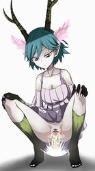 antlers artist_request barefoot bored c_(control) c_the_money_of_soul_and_possibility_control censored cum cum_inside detached_sleeves emotionless expressionless feet head_wings highres horns monster_girl no_panties pale_skin penis pointy_ears pussy q_(c) q_(control) sex short_hair solo taro99go vaginal_penetration