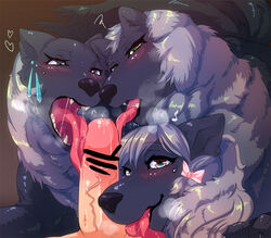 3_heads 3girls blush breath canine censored cerberus collaborative_fellatio erection fangs fellatio foursome furry green_eyes grey_hair hair_ribbon licking long_tongue maw multiple_girls oral penis pov precum ribbon saliva shisyonemu sweat teamwork tongue