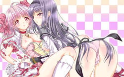 akemi_homura black_hair blush breasts female hair_ribbon hairband human long_hair madoka_kaname mahou_shoujo_madoka_magica multiple_girls open_mouth panties pink_hair ribbon shimao_kazu striped striped_panties tied_hair twintails underwear yuri