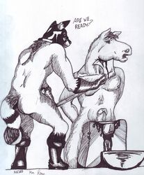 akidas_wolf axe balls blood boots couple equine erection executioner gelding greyscale horse humanoid_penis imminent_death kneeling male mask nude penis raccoon sketch standing