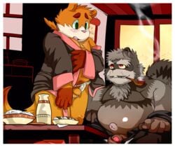 canine chubby fat food fox fur furry_ears furry_tail gaz_(artist) male penis pipe pipe_smoking raccoon rice smoking tail tobacco_pipe underwear