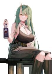 1girls alcohol arknights bare_shoulders belt big_breasts black_topwear breasts chest cleavage demon demon_girl female female_only green_hair highres holding_bottle hoshiguma_(arknights) huge_breasts knees large_breasts light-skinned_female long_hair looking_at_viewer necklace no_bra oni pants rings ru_zhai sideboob sitting solo topwear white_background yellow_eyes