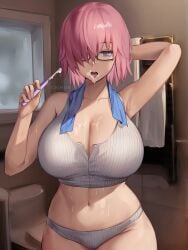 1girls breasts brushing_teeth chihunhentai cleavage curvy curvy_figure fate/grand_order fate_(series) female glasses hair_over_one_eye hips huge_breasts indoors light-skinned_female light_skin mash_kyrielight panties patreon_username pink_hair purple_eyes short_hair tank_top thick_thighs thighs toothbrush toothpaste underwear voluptuous wide_hips