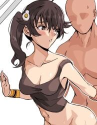 1boy :< ahoge araragi_karen arm_grab armpits ass bare_shoulders black_hair black_tank_top blush bottomless breasts brown_eyes cleavage collarbone commentary completely_nude egg_hair_ornament female food-themed_hair_ornament fried_egg groin hair_between_eyes hair_ornament hair_strand hand_on_wall hands_on_another's_arm long_hair looking_back medium_breasts midriff monogatari_(series) nari_(nari149528) navel nude out-of-frame_censoring parted_lips raised_eyebrows sex sex_from_behind side_ponytail simple_background straight sweat sweatdrop tank_top white_background wristband