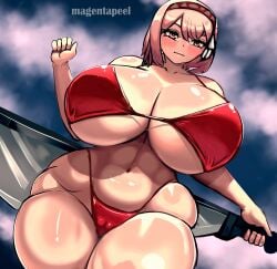 1girls bangs bare_thighs bikini breasts clenched_teeth curvy female female_only fire_emblem fire_emblem_engage hourglass_figure huge_breasts lapis_(fire_emblem) magentapeel medium_hair nintendo partially_visible_vulva pink_eyes pink_hair red_bikini red_swimsuit smile solo swimsuit sword thick_thighs thighs underboob voluptuous weapon