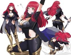 1girls absurdres ass back big_ass black_cape blush bodysuit breasts cape choker cleavage covered_navel facial_mark female female female_only fire_emblem fire_emblem_engage hair_ornament highres holding holding_knife holding_weapon knife large_breasts long_hair looking_at_viewer multiple_views nintendo open_mouth ormille red_eyes red_hair side_cutout simple_background smile solo star_(symbol) star_facial_mark star_hair_ornament thick_thighs thighs weapon yunaka_(fire_emblem)