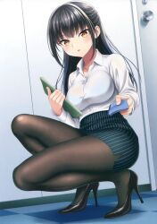 1girls black_hair black_pantyhose blouse breasts clipboard female high_heels kase_daiki large_breasts long_hair office_lady pantyhose pencil_skirt shirt skirt solo squatting tagme thighs