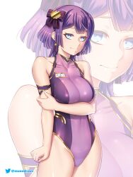 1girls alternate_costume bernadetta_von_varley breasts closed_mouth commentary covered_navel earrings english_commentary etchimune female female_only fire_emblem fire_emblem:_three_houses grey_eyes hair_ornament highleg highleg_swimsuit jewelry looking_at_viewer medium_breasts nintendo one-piece_swimsuit post-timeskip purple_hair purple_one-piece_swimsuit purple_swimsuit short_hair smile solo swimsuit twitter_logo twitter_username