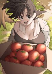 big_breasts black_eyes black_hair cute cute_face dragon_ball dragon_ball_z farmer female female_goku female_only kkkkkirrier rule_63 smile son_goku squeezing squeezing_breast sweat tomato tree_stump