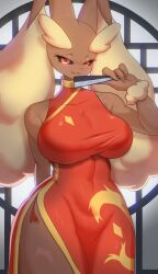 1girls 2023 2d 2d_(artwork) 4_fingers :3 anthro anthro_only anthrofied bare_shoulders big_breasts big_thighs black_sclera blush breasts bunny bunny_ears bunny_girl child_bearing_hips chinese_clothes chinese_new_year clothed female female_focus female_only fully_clothed furry furry_breasts furry_ears furry_female furry_only hand_fan hi_res highres hips huge_breasts large_breasts large_thighs looking_at_viewer lopunny pokémon_(species) pokemon pokemon_(species) red_dress red_eyes solo solo_female solo_focus standing standing_female thick_thighs thighs tp10 tuft tufted_fur wide_hips year_of_the_rabbit