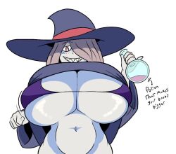 breast_expansion evil_grin hair_over_one_eye half-closed_eyes huge_breasts kingmelon little_witch_academia pale_skin pink_hair potion purple_bra red_eyes sharp_teeth shirt_lift sucy_manbavaran witch_hat