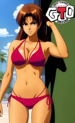 1girl 1girls big_breasts bikini blue_sky breasts brown_hair busty character_request cleavage cloud copyright_name cowboy_shot day earrings female female_only great_teacher_onizuka highres jewelry large_breasts legs long_hair looking_at_viewer navel outdoors pink_bikini red_bikini side-tie_bikini_bottom sky solo standing swimsuit tan thighs voluptuous