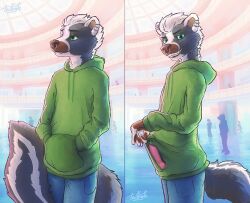 anthro clothed clothing detailed detailed_background digital_media_(artwork) digital_painting_(artwork) erection fur genitals green_eyes grin hair hi_res hoodie inside looking_at_viewer male mall mammal markings masturbation mephitid metsa multicolored_body multicolored_fur penis piercing portrait public public_exposure public_masturbation shaded signature skunk smile solo standing tail tailbyte topwear white_hair