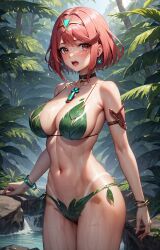 1girls ai_generated bangs blush breasts core_crystal female forest large_breasts leaf_bikini light-skinned_female light_skin nintendo outdoors pyra red_eyes red_hair short_hair stable_diffusion swept_bangs thick_thighs xenoblade_(series) xenoblade_chronicles_2